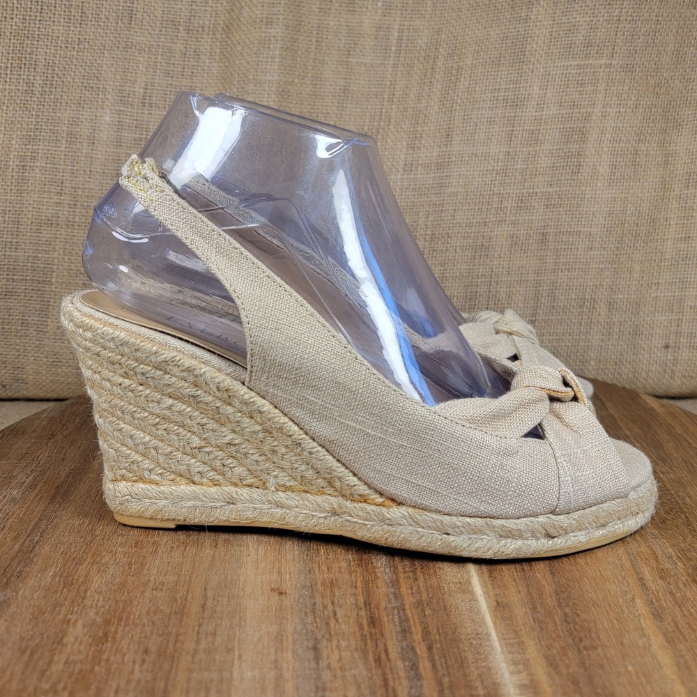 Talbots Espadrille Wedge Sandals Peep Toe Bow Slingback Jute Women's 6.5 Beige - Picture 2 of 10